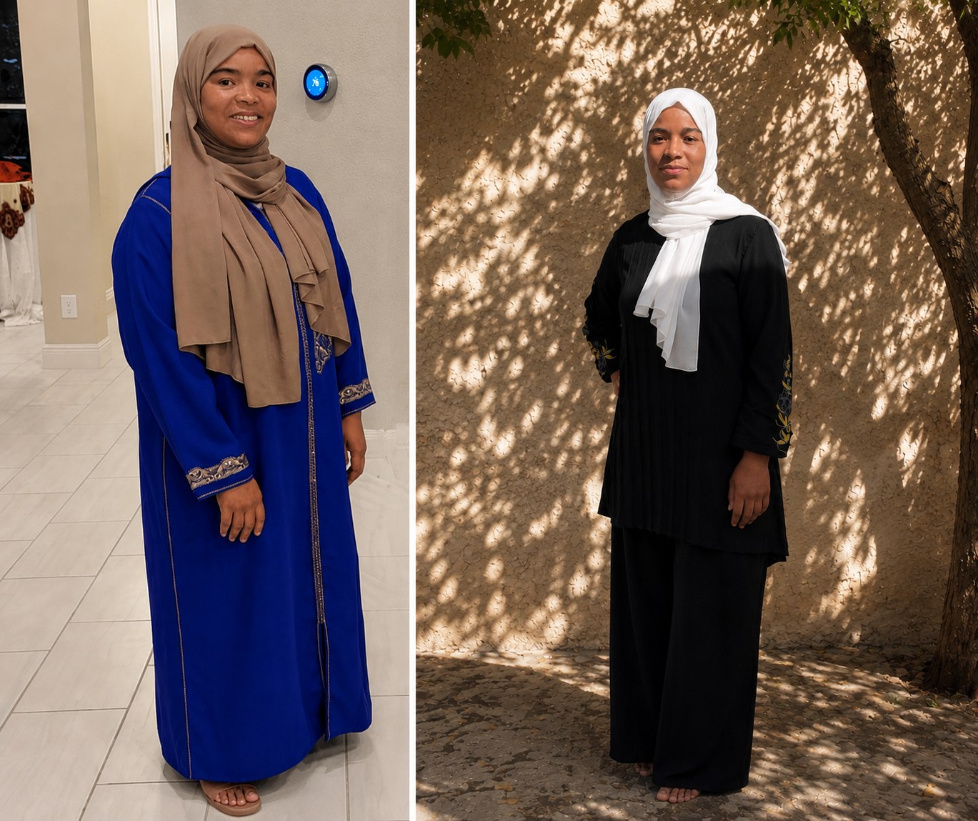Two photographs of Coach Assia from her own fitness journey, side by side